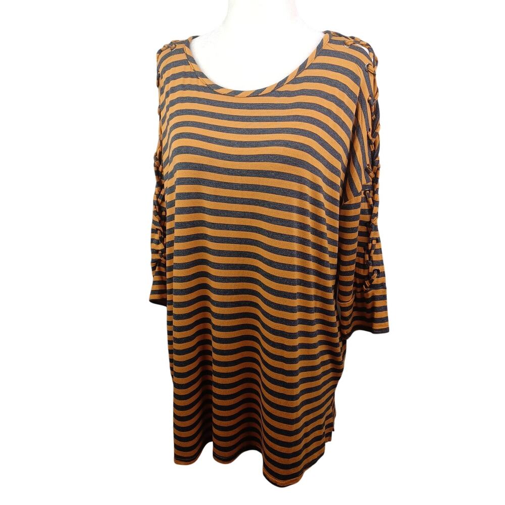 French Laundry Women Striped Lace Up Sleeve Top XL Mustard Stretch Knit Indie